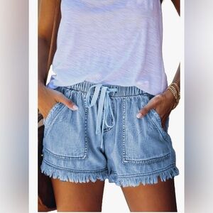Light Blue Denim Fringe Shorts